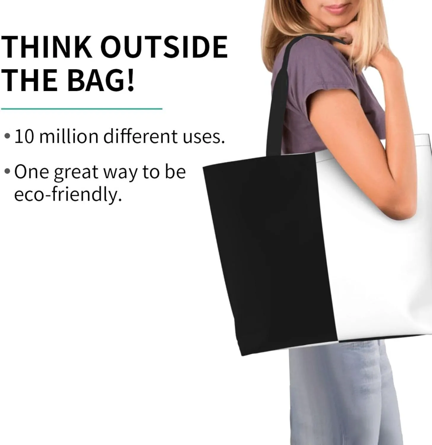 Pure Split Black and White Tote Bags Casual Reusable Grocery Shoulder Handbags for Women Men Travel Shopping Bag