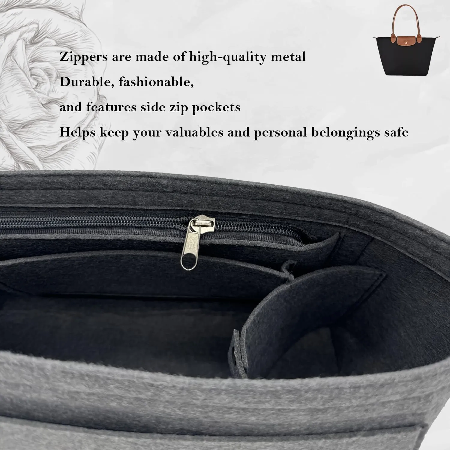 Purse Organizer Insert, Bag Organizer for Le Pliage, Handbags Organizer Insert(Grey, Large)