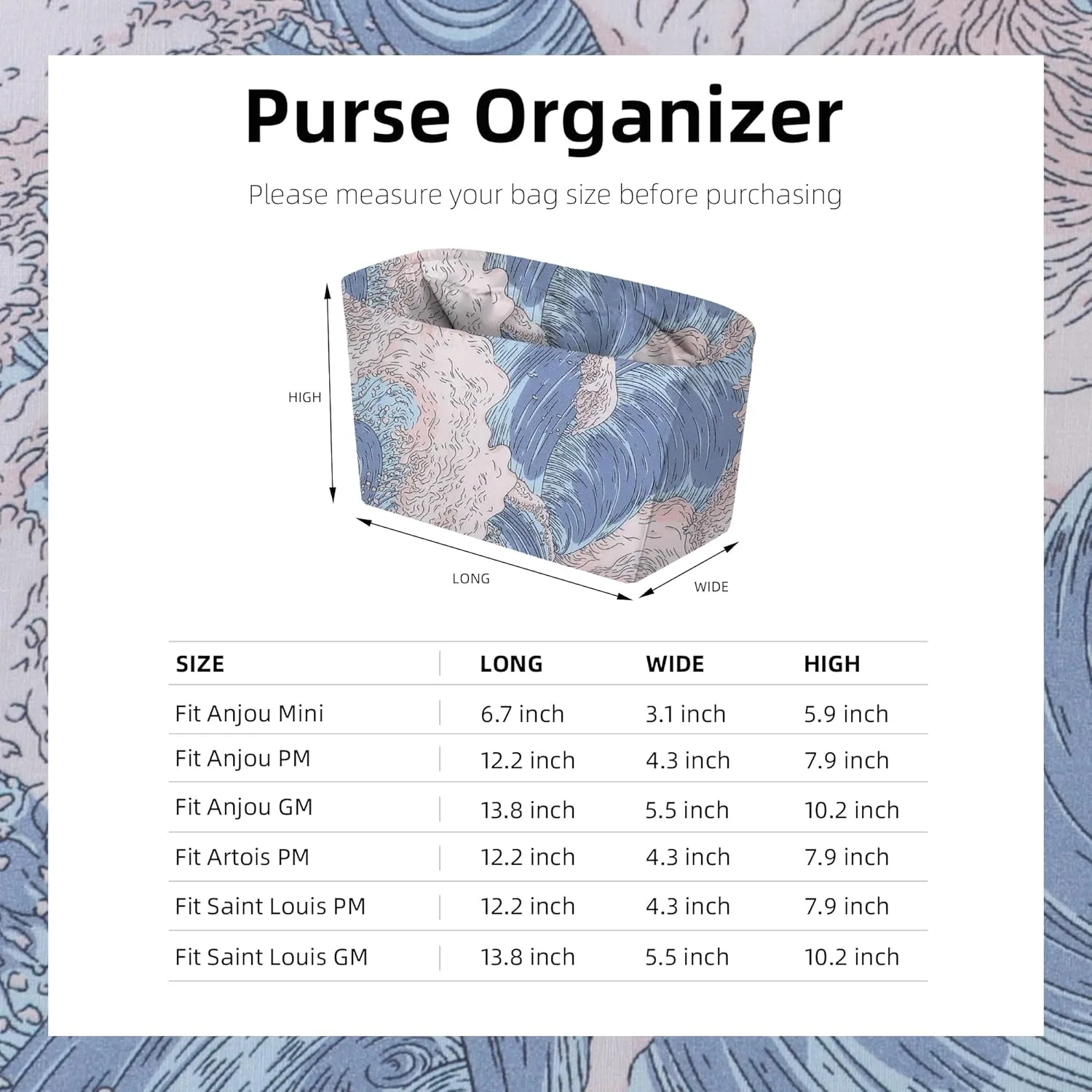 Purse Organizer Insert for Anjou/Artois/Saint Louis Tote Bags, Lightweight Handbag Organizer Liner, Soft Bag Tote Shaper(Saint Louis GM,Sea and waves)