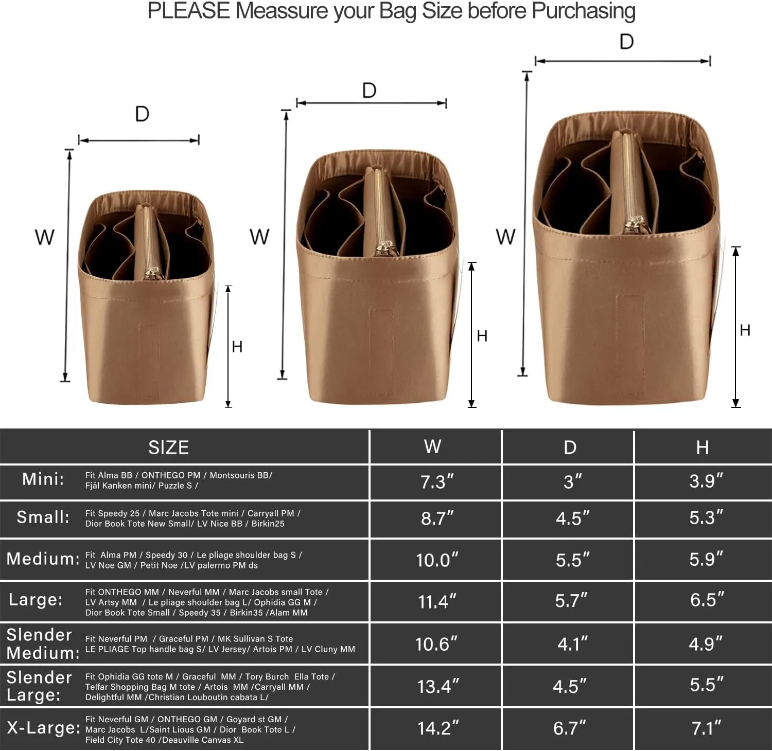 Purse Organizer Insert For Handbags, Purse Organizer With Zipper, Neverfull Organizer, Bag Organizer For Speedy Neverfull ONTHEGO Tote, Handbag and More (Silky Brown, Slender Large)