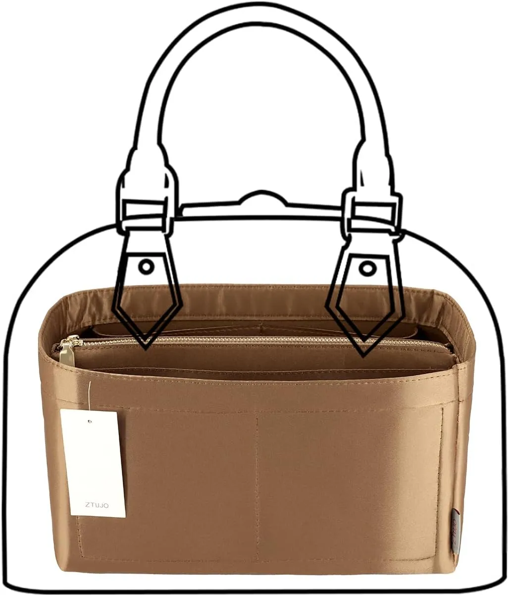Purse Organizer Insert For Handbags, Purse Organizer With Zipper, Neverfull Organizer, Bag Organizer For Speedy Neverfull ONTHEGO Tote, Handbag and More (Silky Brown, Slender Large)
