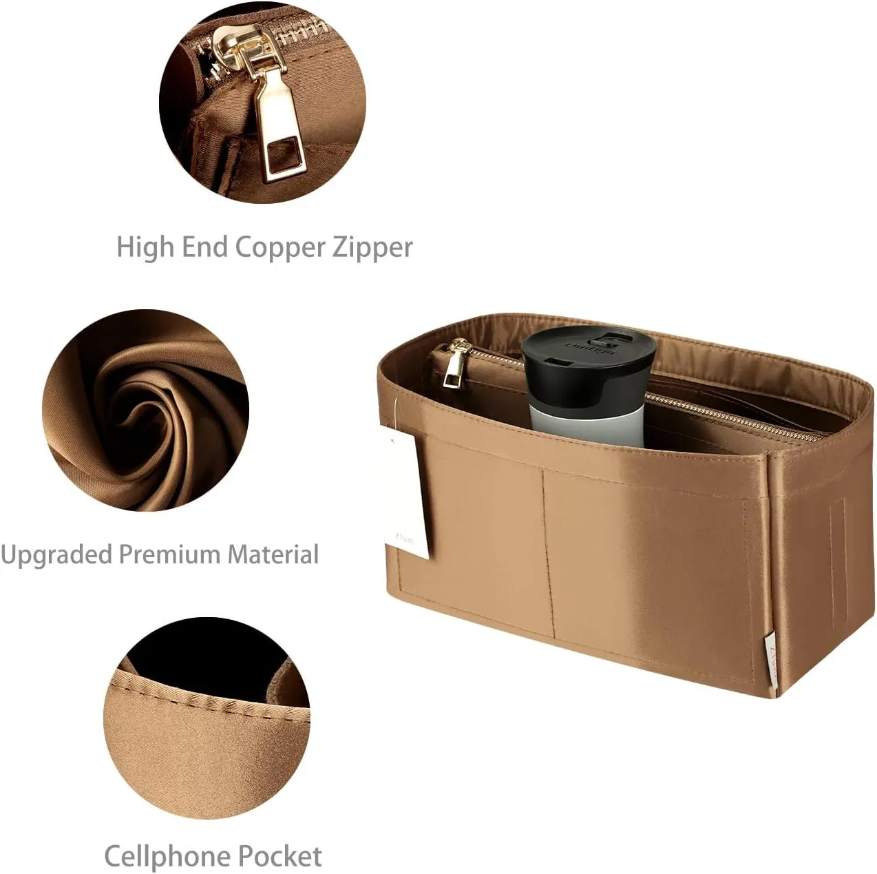 Purse Organizer Insert For Handbags, Purse Organizer With Zipper, Neverfull Organizer, Bag Organizer For Speedy Neverfull ONTHEGO Tote, Handbag and More (Silky Brown, Slender Large)