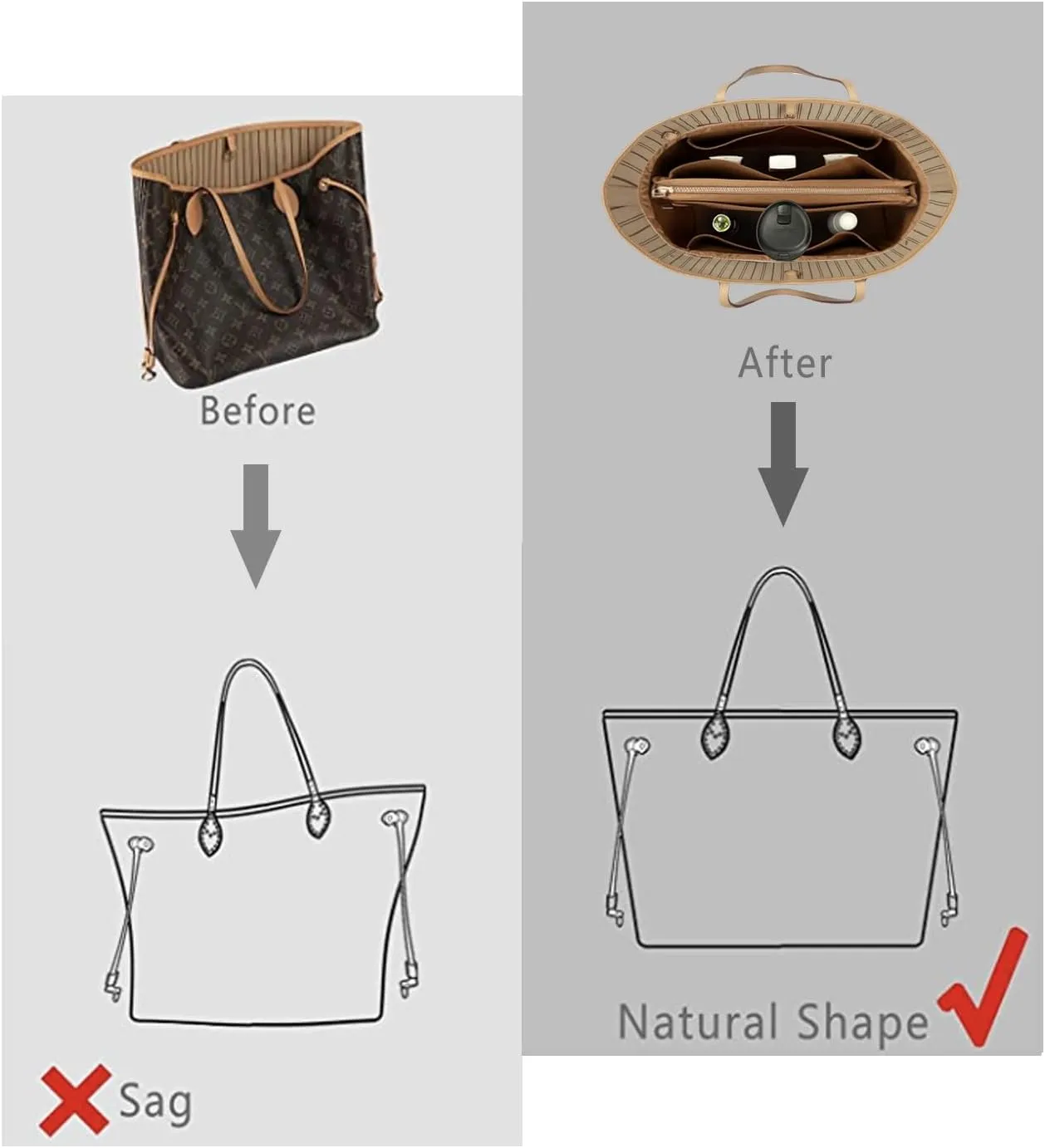 Purse Organizer Insert For Handbags, Purse Organizer With Zipper, Neverfull Organizer, Bag Organizer For Speedy Neverfull ONTHEGO Tote, Handbag and More (Silky Brown, Slender Large)