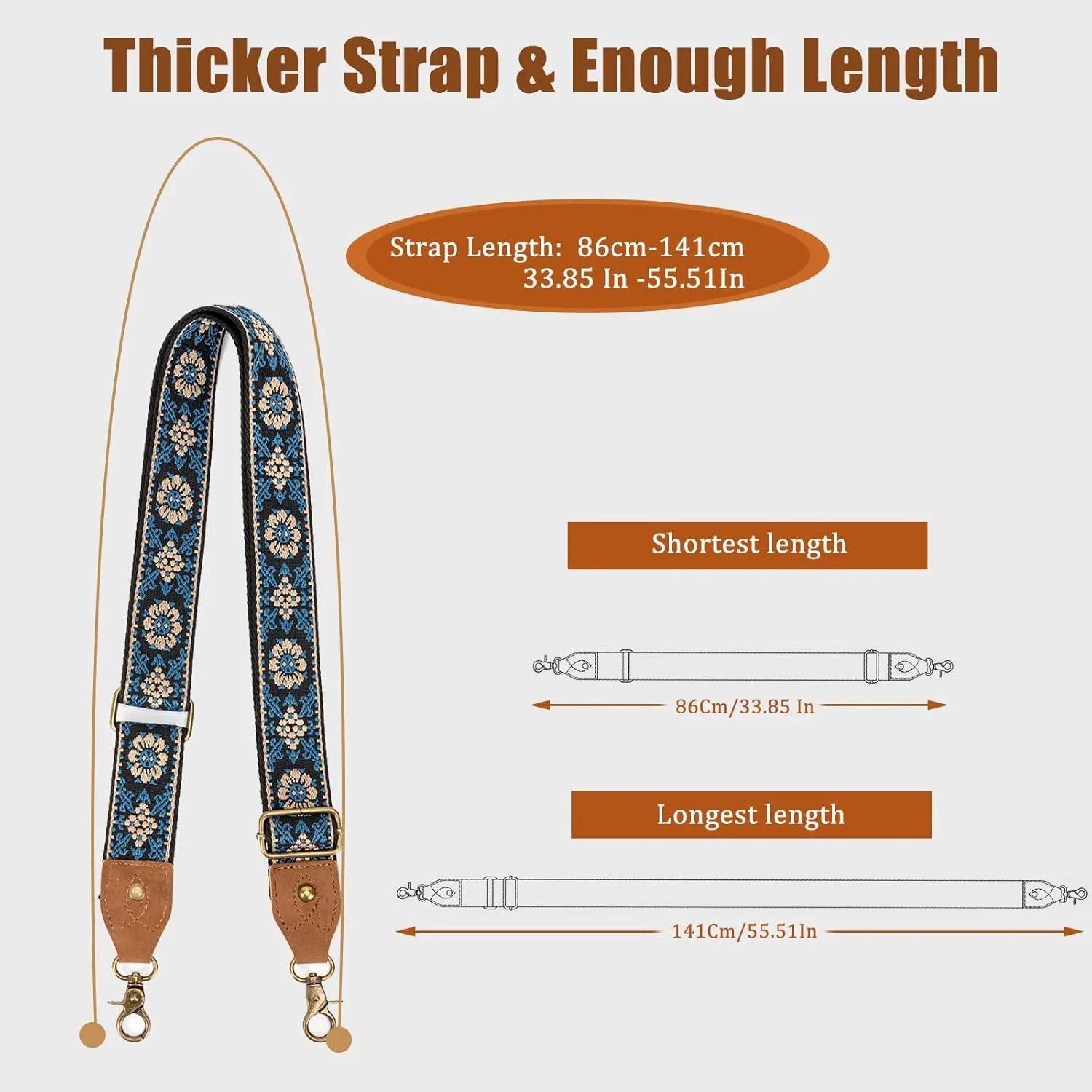 Purse Strap, 1.5" Cowhide Head Wide Shoulder Strap Adjustable Replacement,Jacquard Embroidery Crossbody Bag Straps