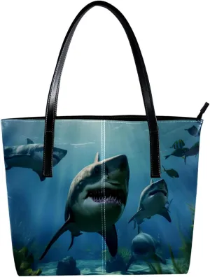 Purses for Women,Tote Bag Aesthetic,Women's Tote Handbags,Angry Shark in Forest Ocean