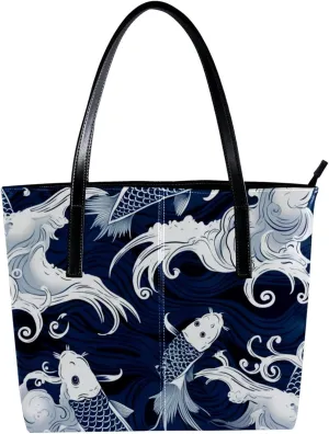 Purses for Women,Tote Bag Aesthetic,Women's Tote Handbags,Blue Fish Luck Koi