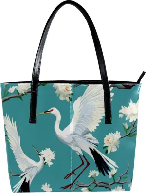 Purses for Women,Tote Bag Aesthetic,Women's Tote Handbags,Crane Floral Green Background