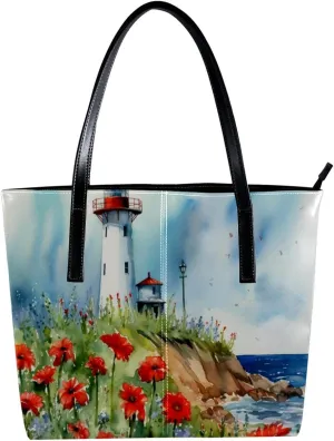 Purses for Women,Tote Bag Aesthetic,Women's Tote Handbags,Flower Bush Summer Lighthouse