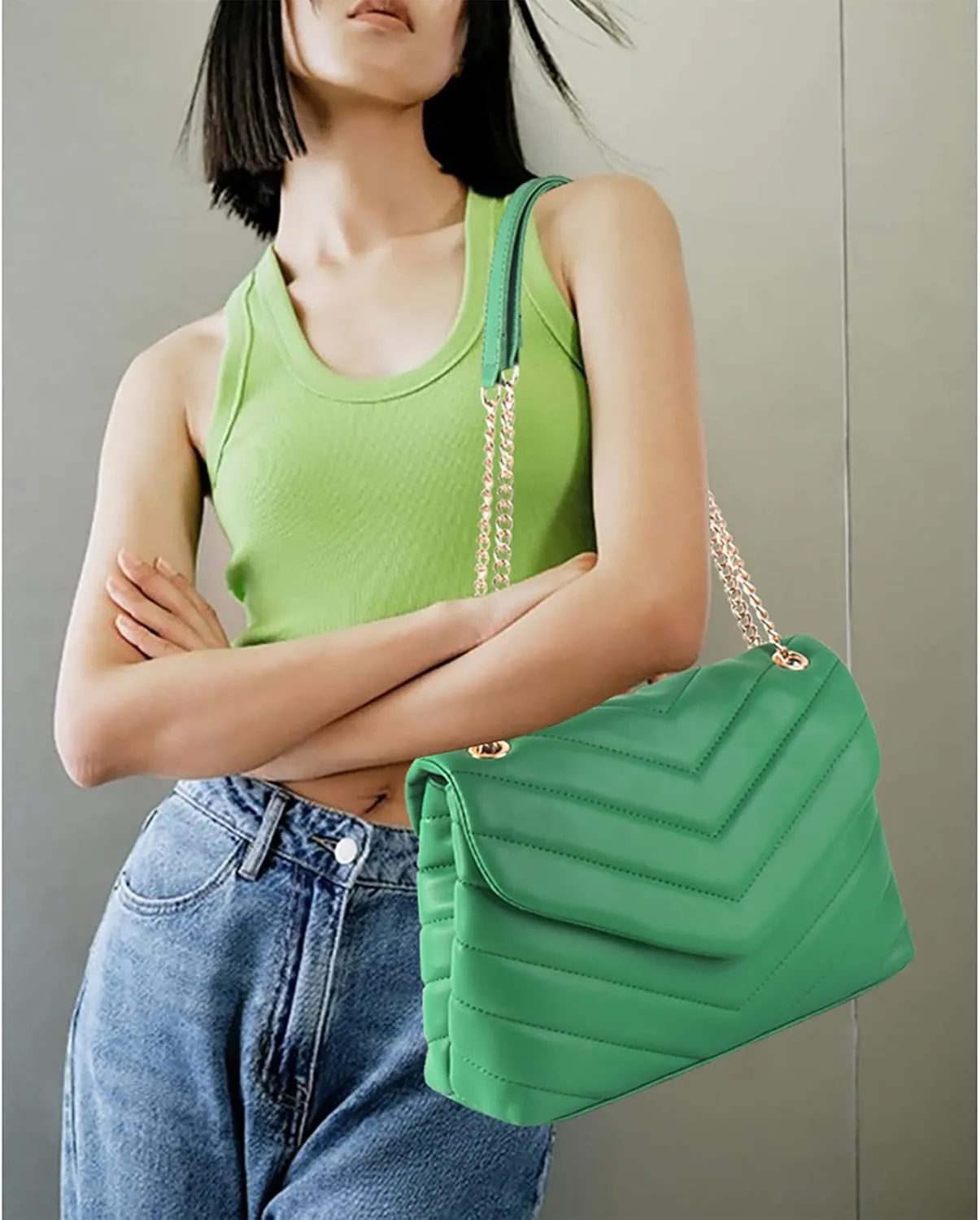 Quilted Crossbody Bag for Women, Soft Vegan Chevron Purses, Trendy Shoulder Handbags with Flap