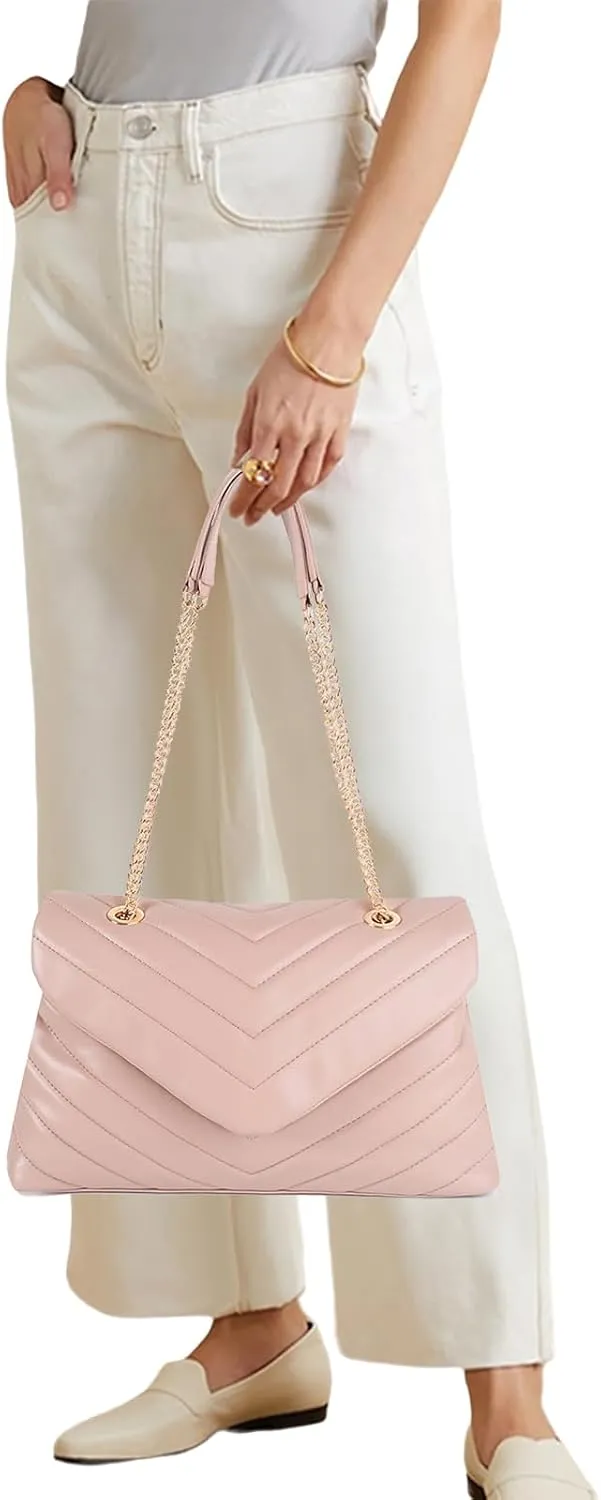 Quilted Crossbody Bag for Women, Soft Vegan Chevron Purses, Trendy Shoulder Handbags with Flap
