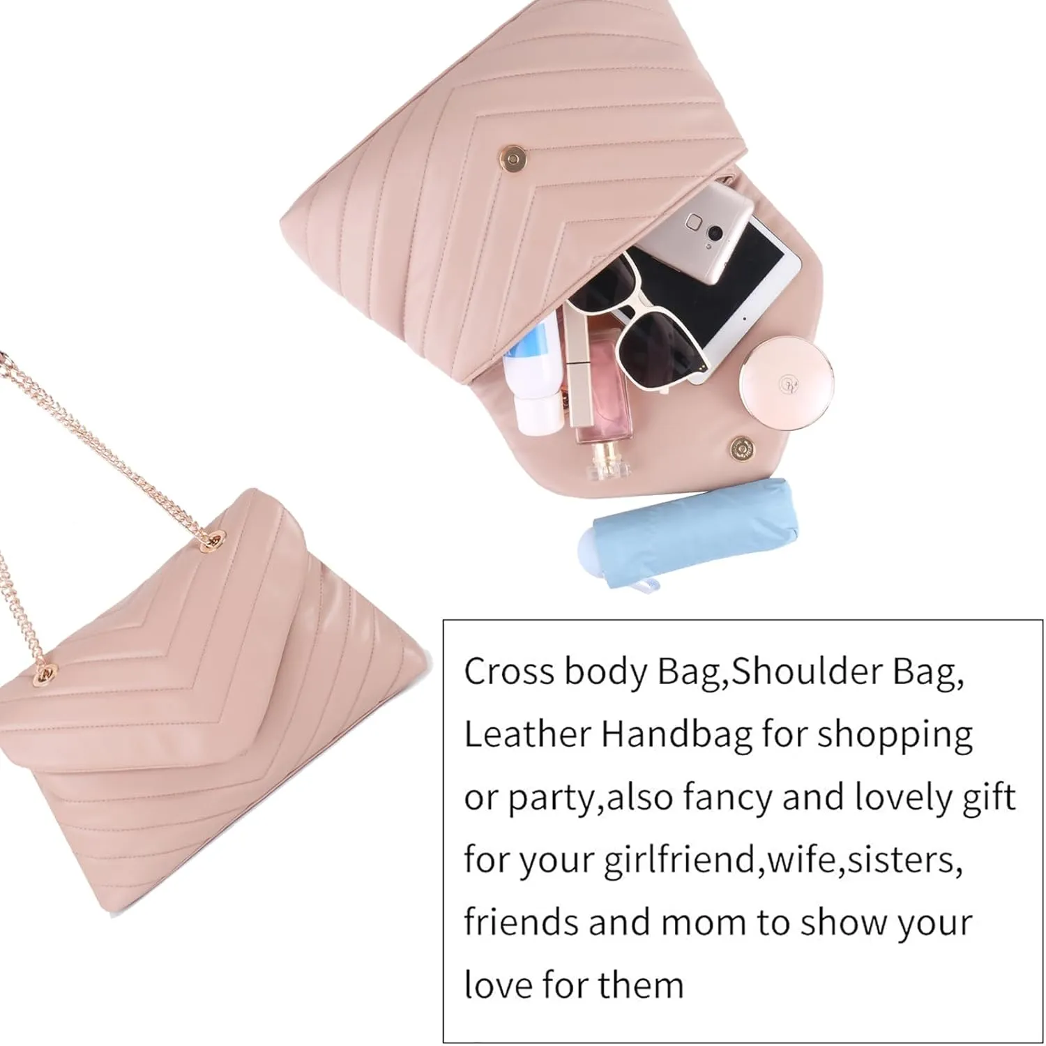 Quilted Crossbody Bag for Women, Soft Vegan Chevron Purses, Trendy Shoulder Handbags with Flap