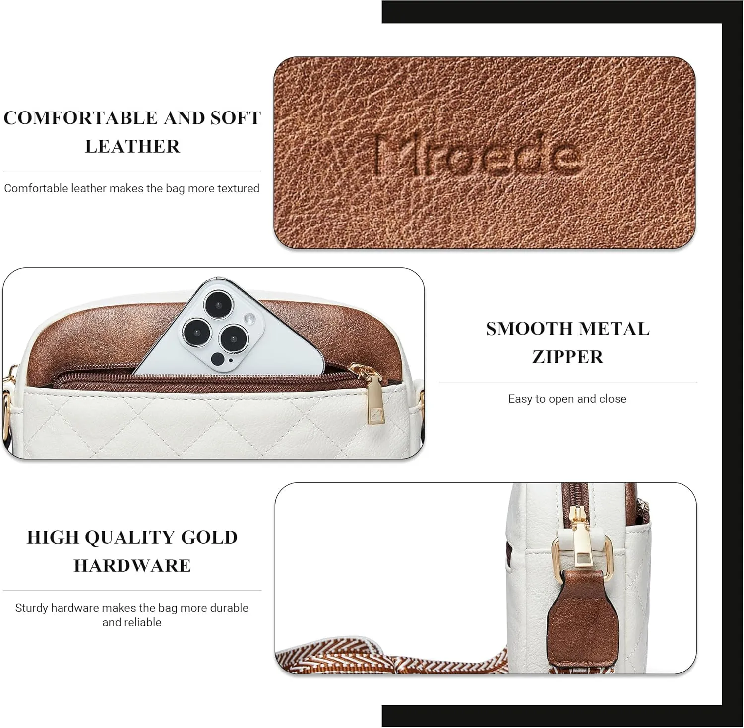 Quilted Crossbody Bags for Women 3-Pockets Crossbody Purses Vegan Leather Shoulder Handbags with Wide Strap