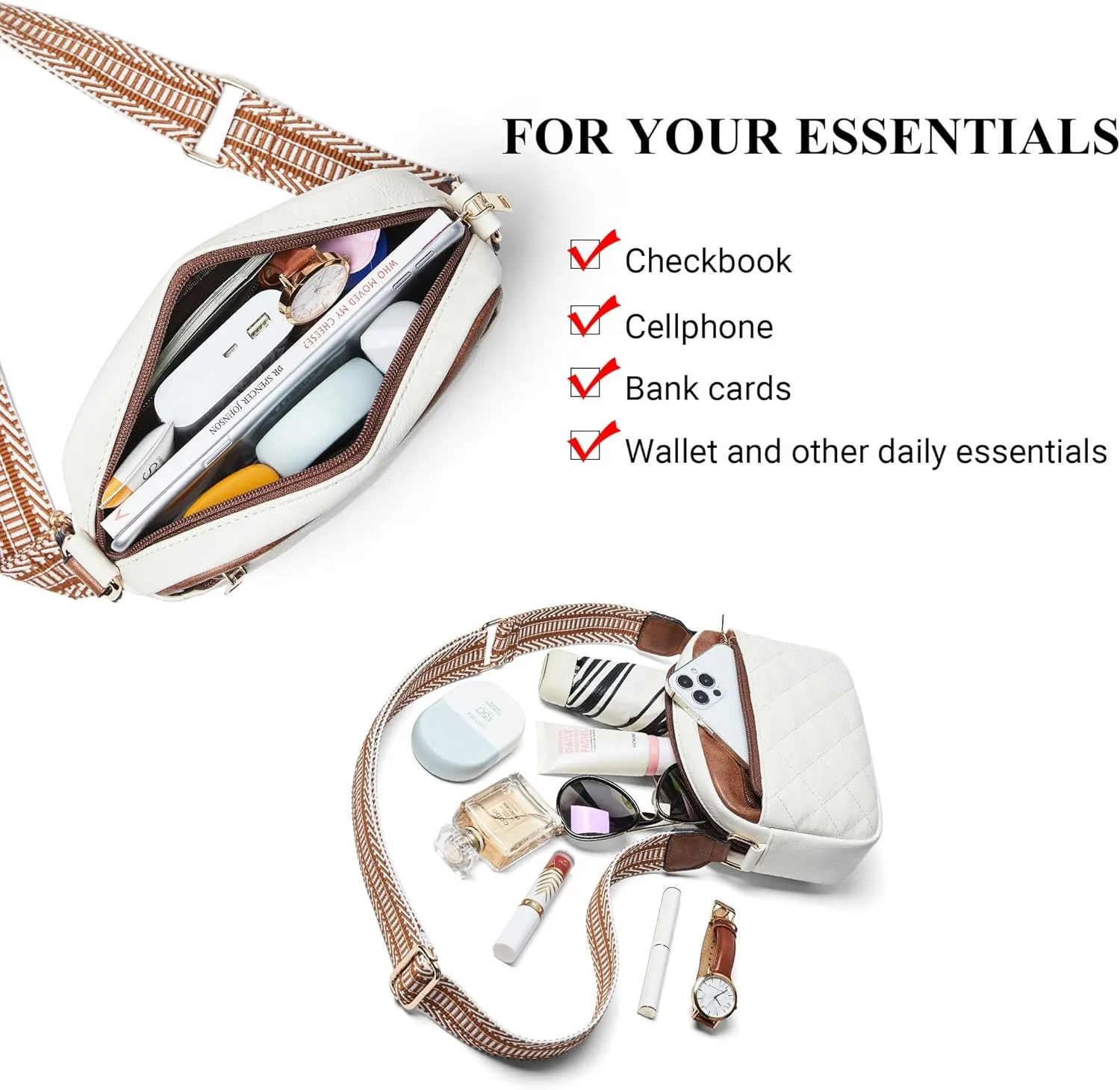 Quilted Crossbody Bags for Women 3-Pockets Crossbody Purses Vegan Leather Shoulder Handbags with Wide Strap
