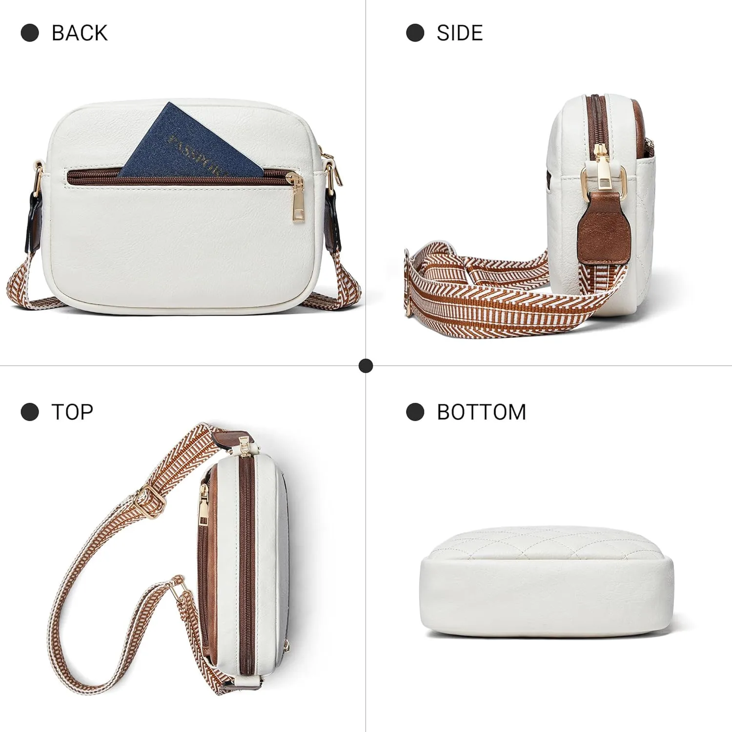 Quilted Crossbody Bags for Women 3-Pockets Crossbody Purses Vegan Leather Shoulder Handbags with Wide Strap