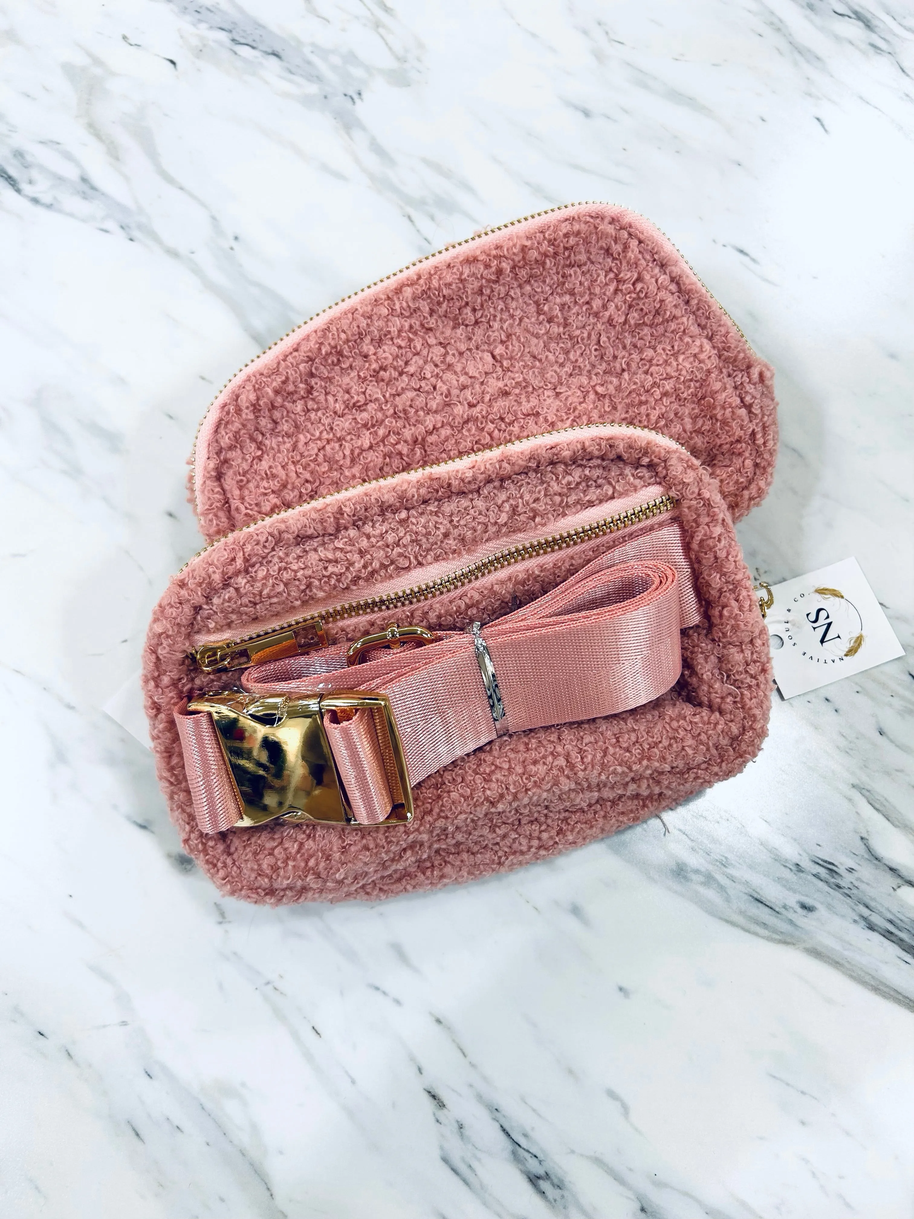 "Sherpa Sling" (pink) crossbody purse