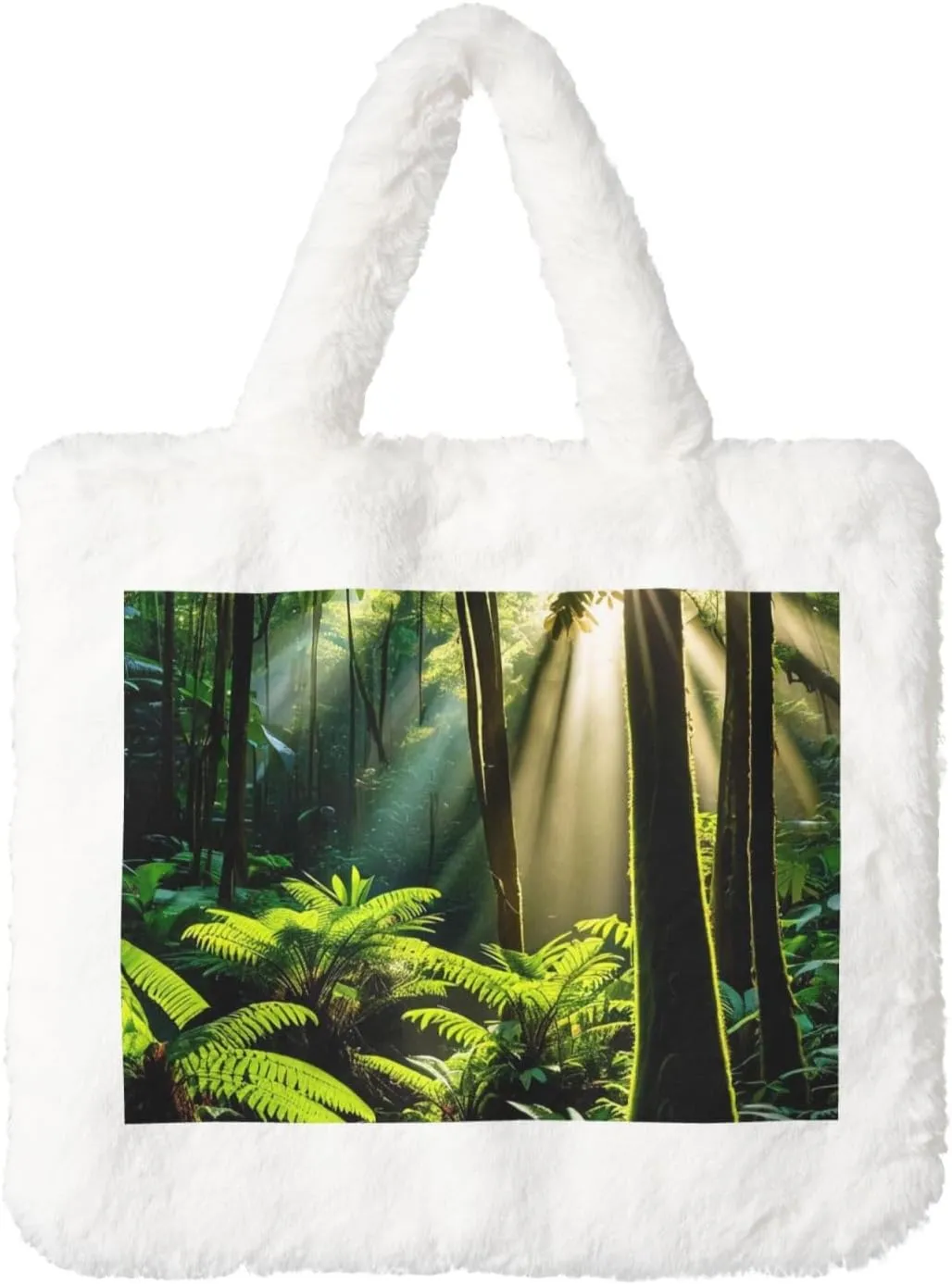 Rainforest Sunlight Printed Plush Handbag, White Soft Faux Rabbit Fur Shoulder Bag for Women, Suitable for Autumn and Winter