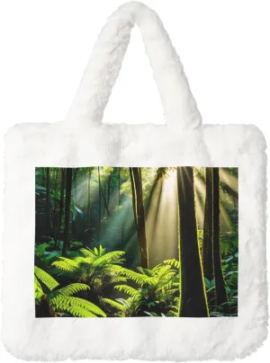 Rainforest Sunlight Printed Plush Handbag, White Soft Faux Rabbit Fur Shoulder Bag for Women, Suitable for Autumn and Winter