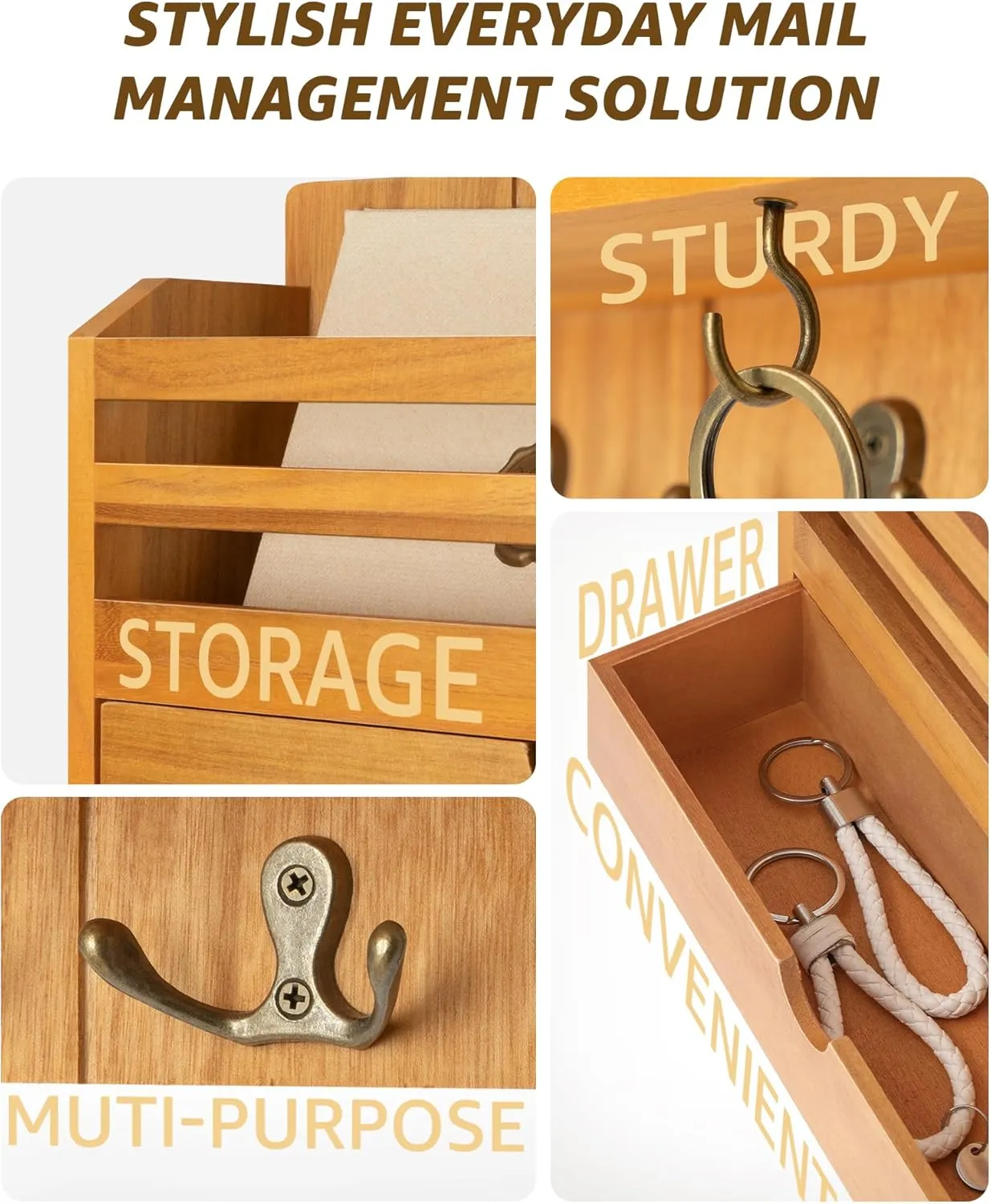 Rebee Vision Modern Farmhouse Mail Organizer with Drawer Organizer - Rustic Key and Mail Holder for Wall with 7 Key Hooks for Apartment Essentials - Aesthetic Home Decor (Light Brown)