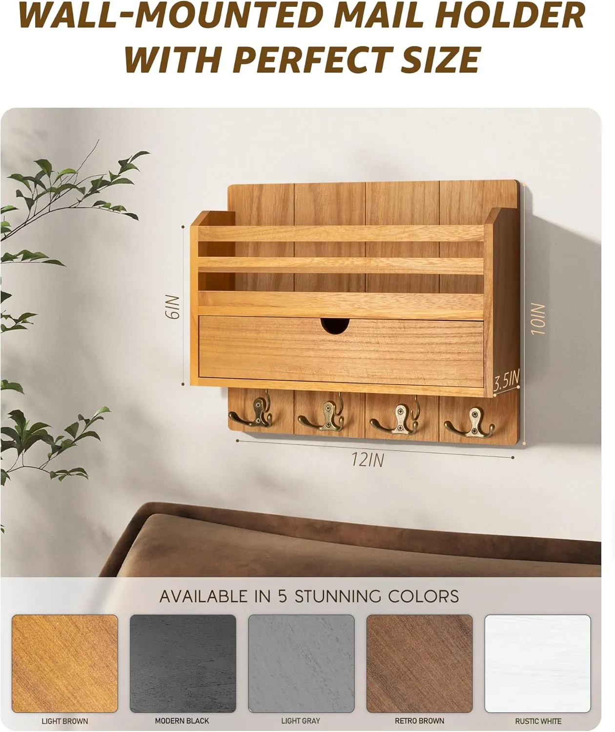 Rebee Vision Modern Farmhouse Mail Organizer with Drawer Organizer - Rustic Key and Mail Holder for Wall with 7 Key Hooks for Apartment Essentials - Aesthetic Home Decor (Light Brown)