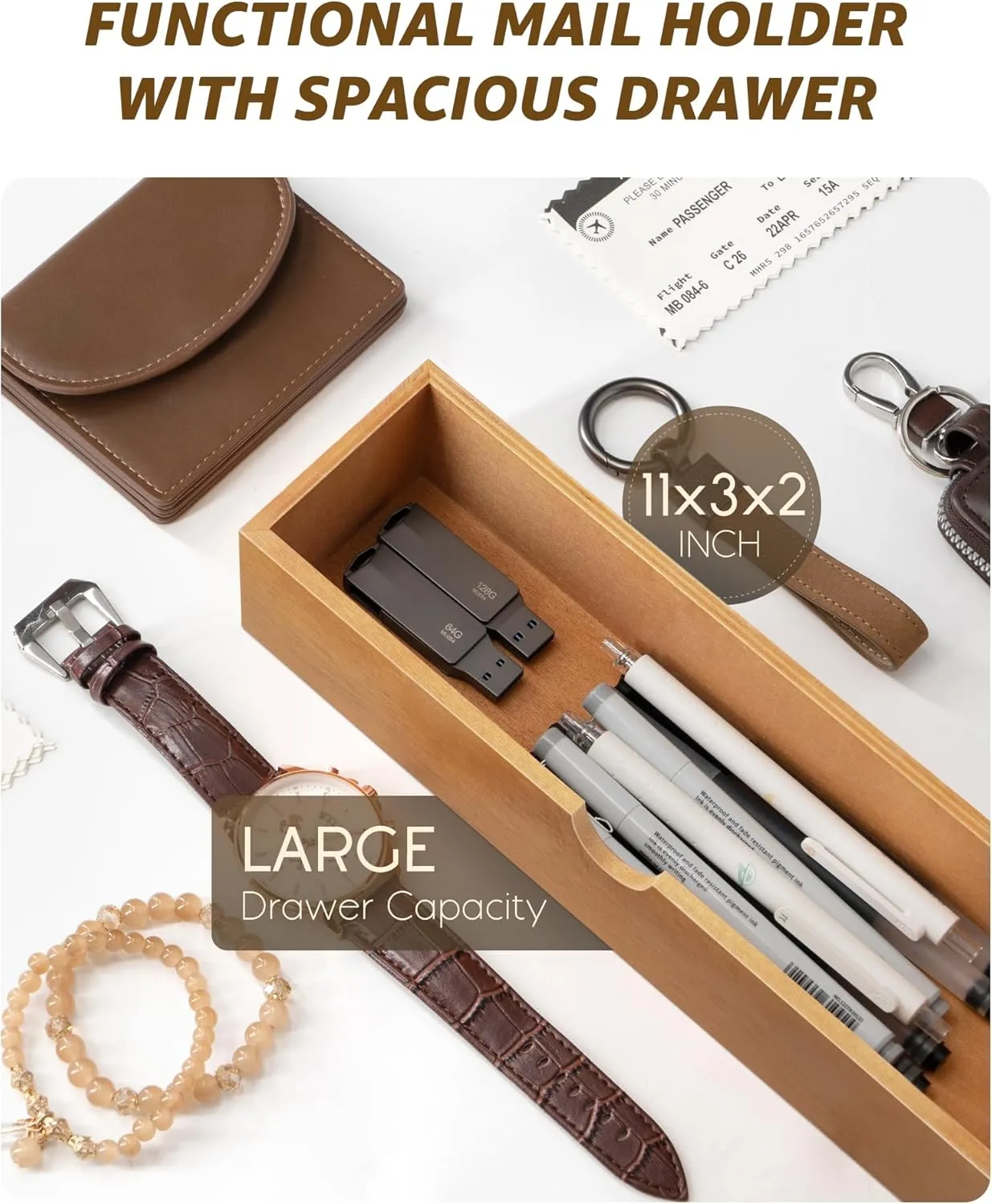 Rebee Vision Modern Farmhouse Mail Organizer with Drawer Organizer - Rustic Key and Mail Holder for Wall with 7 Key Hooks for Apartment Essentials - Aesthetic Home Decor (Light Brown)