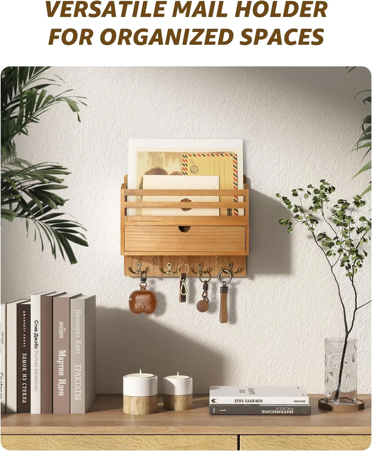 Rebee Vision Modern Farmhouse Mail Organizer with Drawer Organizer - Rustic Key and Mail Holder for Wall with 7 Key Hooks for Apartment Essentials - Aesthetic Home Decor (Light Brown)