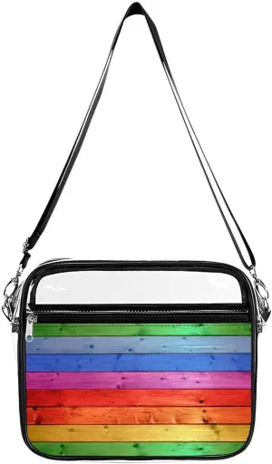 Rustic Old Barn Wood Rainbow Large Crossbody Bag Clear Stadium Bag Anti-Theft Side Shoulder Bags Messenger Bag with 2 Compartments
