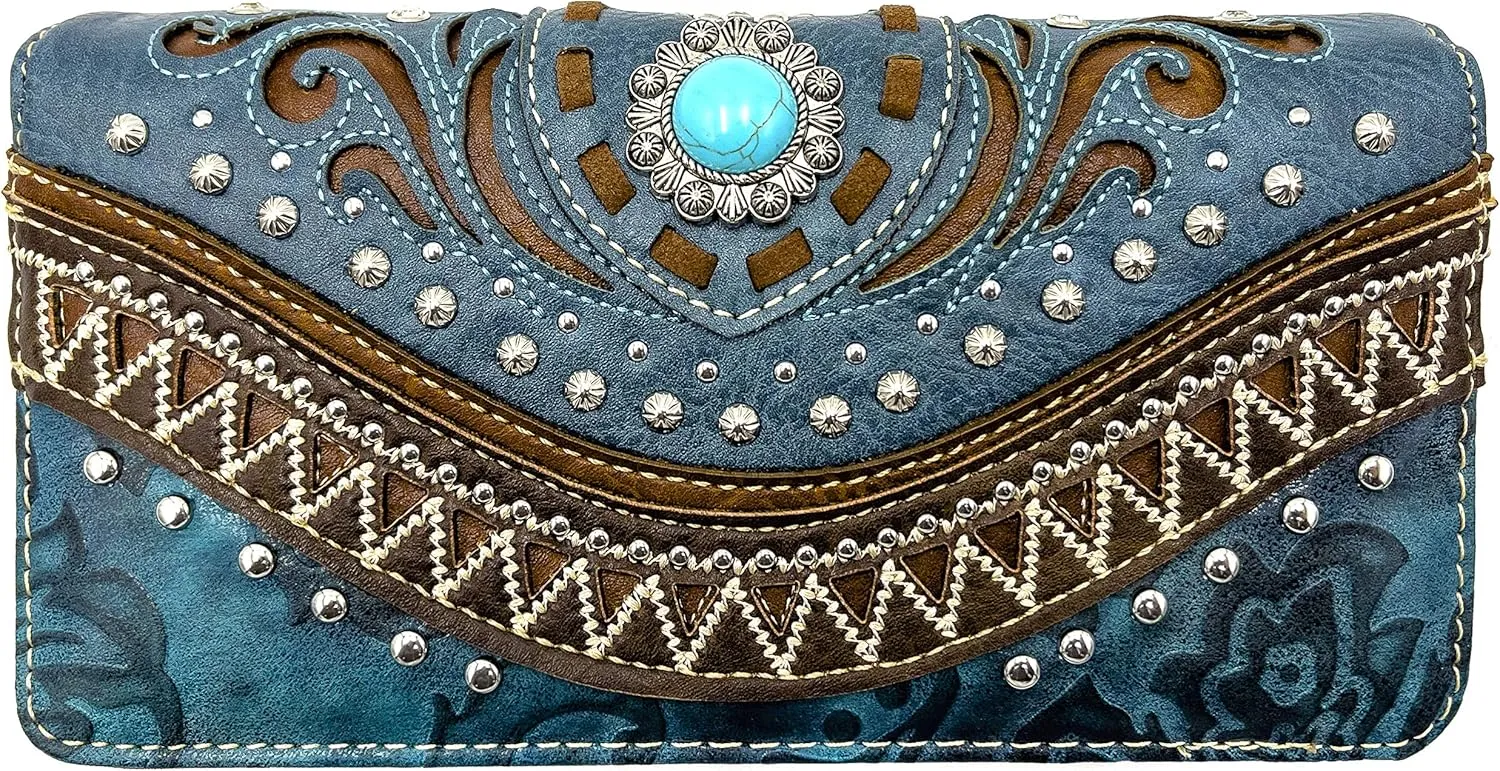 Rustic Western Floral Tooled Laser Cut Turquoise Concho Studded Tote Purse Bag Wallet Set