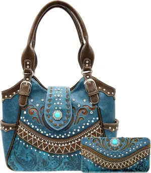 Rustic Western Floral Tooled Laser Cut Turquoise Concho Studded Tote Purse Bag Wallet Set