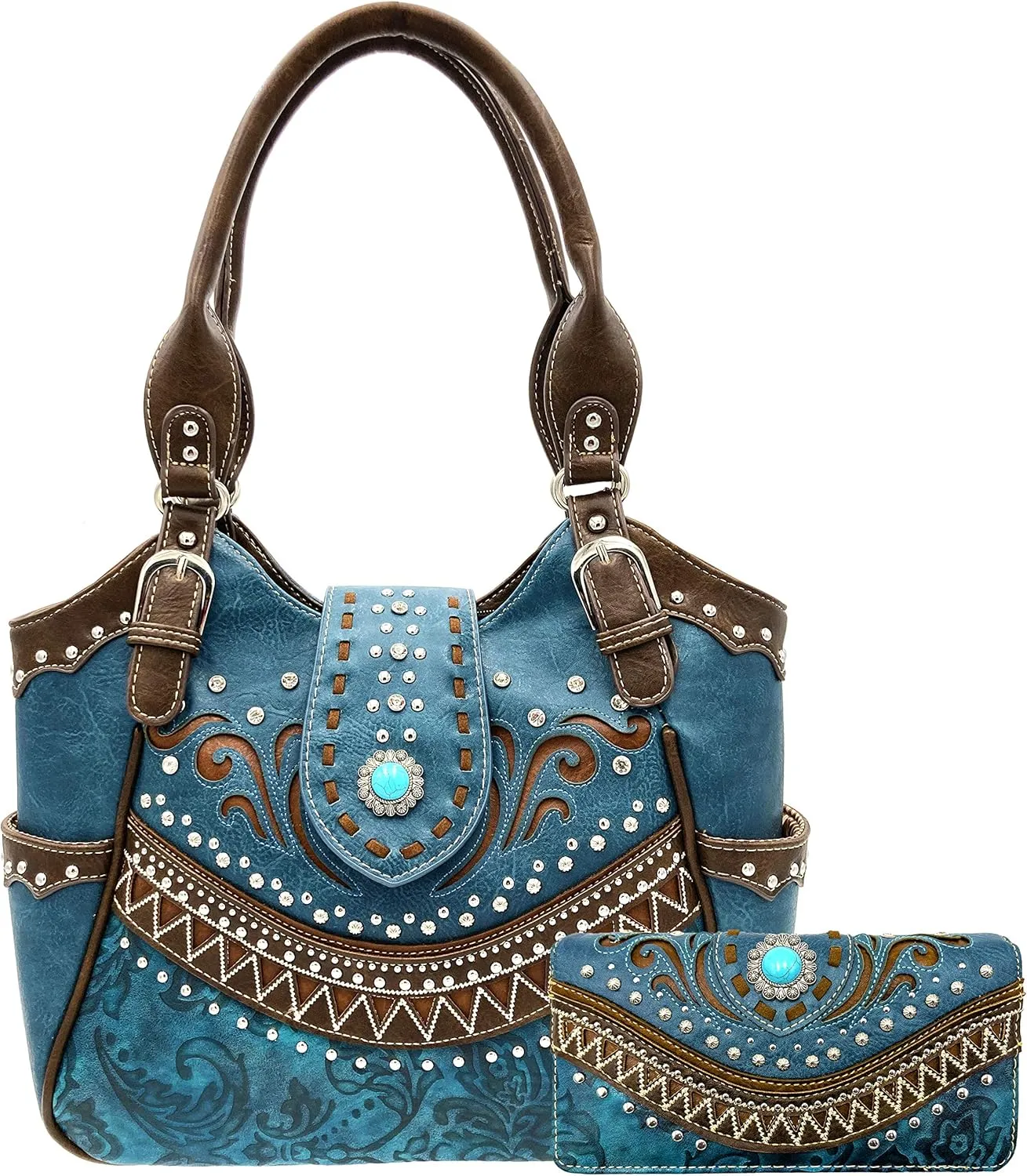 Rustic Western Floral Tooled Laser Cut Turquoise Concho Studded Tote Purse Bag Wallet Set