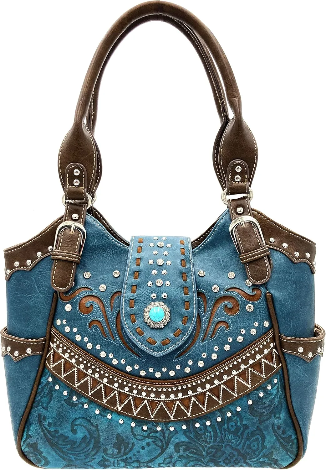 Rustic Western Floral Tooled Laser Cut Turquoise Concho Studded Tote Purse Bag Wallet Set