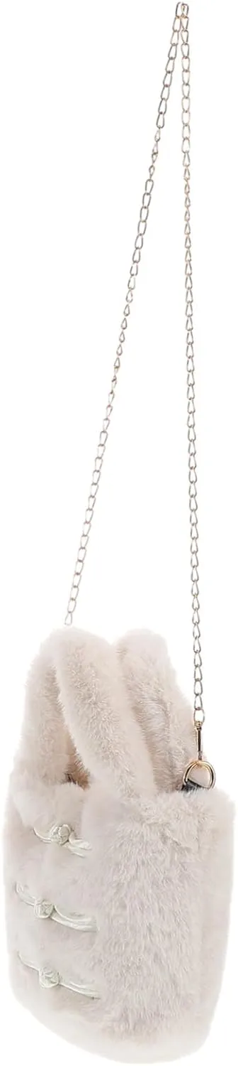 SAFIGLE Furry Tote Bag Faux Fur Purses Women Plush Handbag Fuzzy Shoulder Bag Chinese Style Furry Purse With Chain For Girls Small Fur Bucket Bag