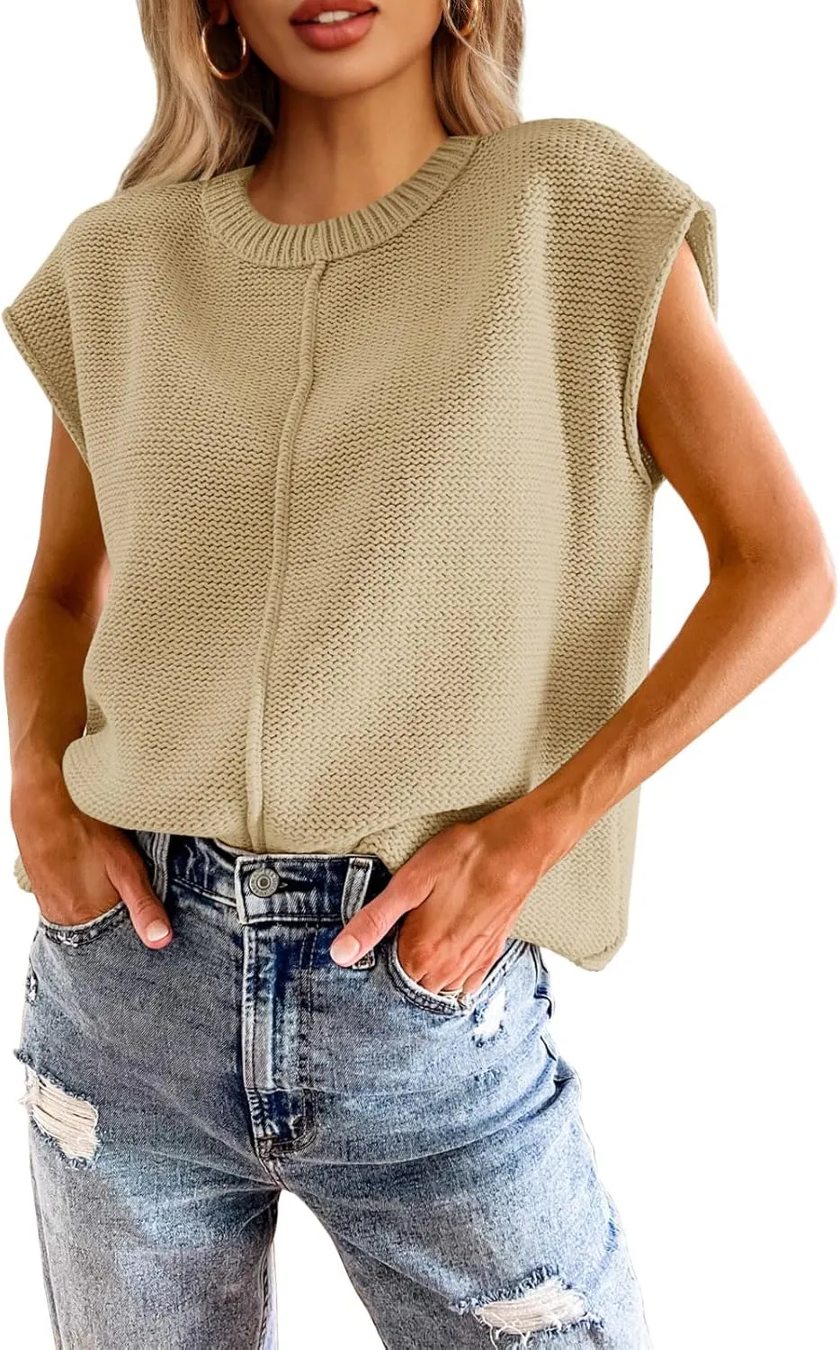 Saodimallsu Womens Summer Cap Sleeve Tops Casual Crew Neck Loose Fit Knit Lightweight Sweater Pullover Top