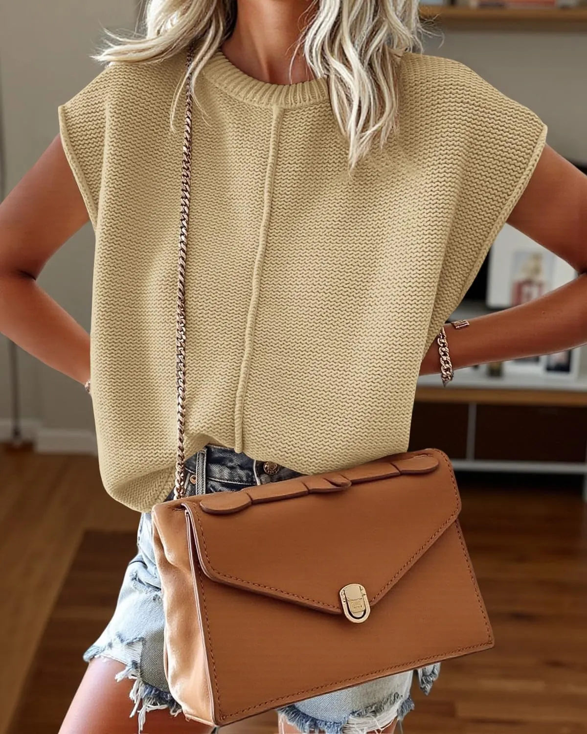 Saodimallsu Womens Summer Cap Sleeve Tops Casual Crew Neck Loose Fit Knit Lightweight Sweater Pullover Top