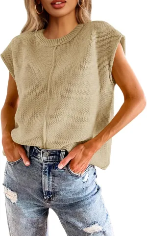 Saodimallsu Womens Summer Cap Sleeve Tops Casual Crew Neck Loose Fit Knit Lightweight Sweater Pullover Top
