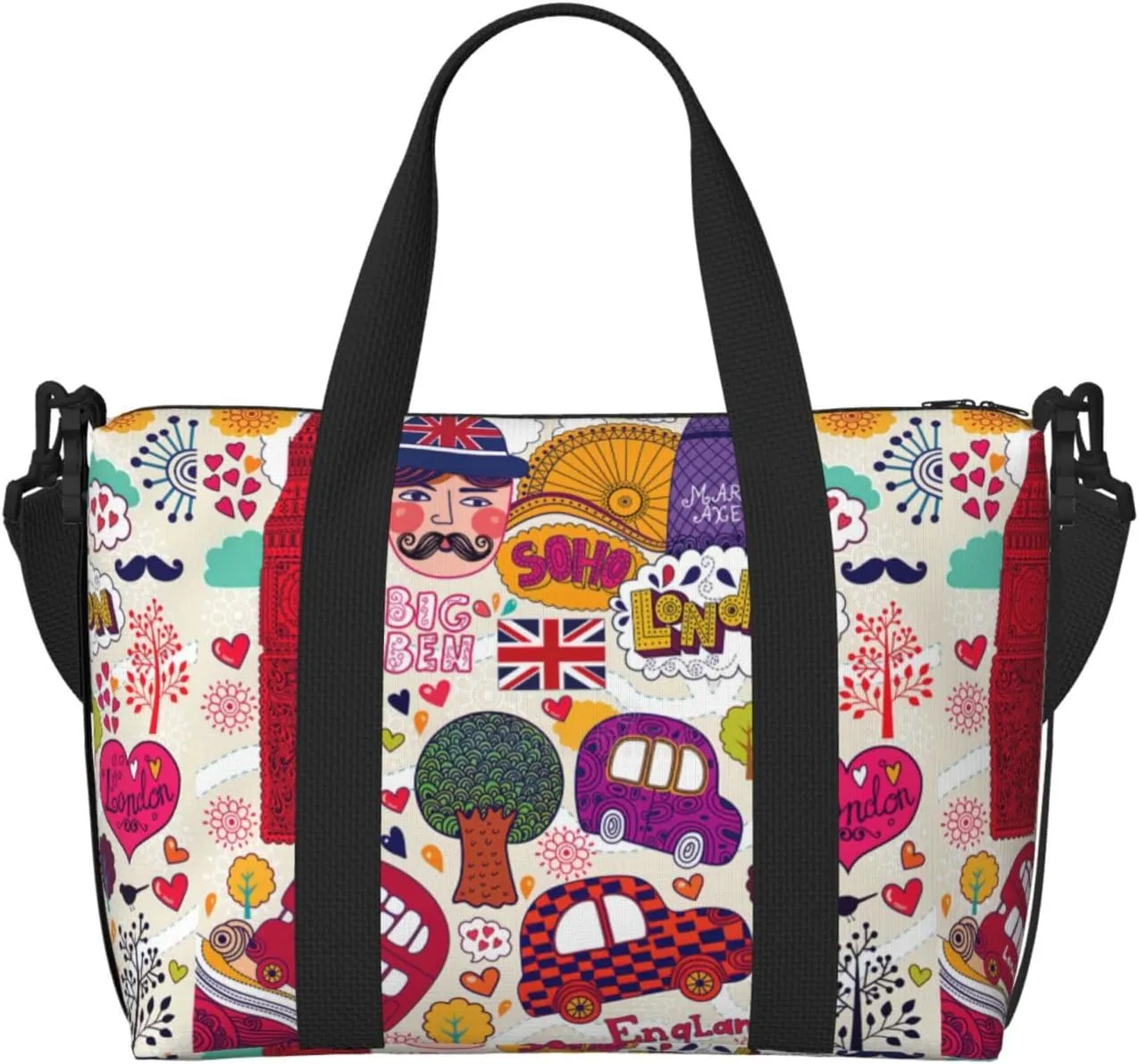 School Newspaper in English Print Tote Crossbody Travel Bag with Zip Casual Handbag for Weekend Trips and Gym Shopping, Black, One Size, Travel Tote