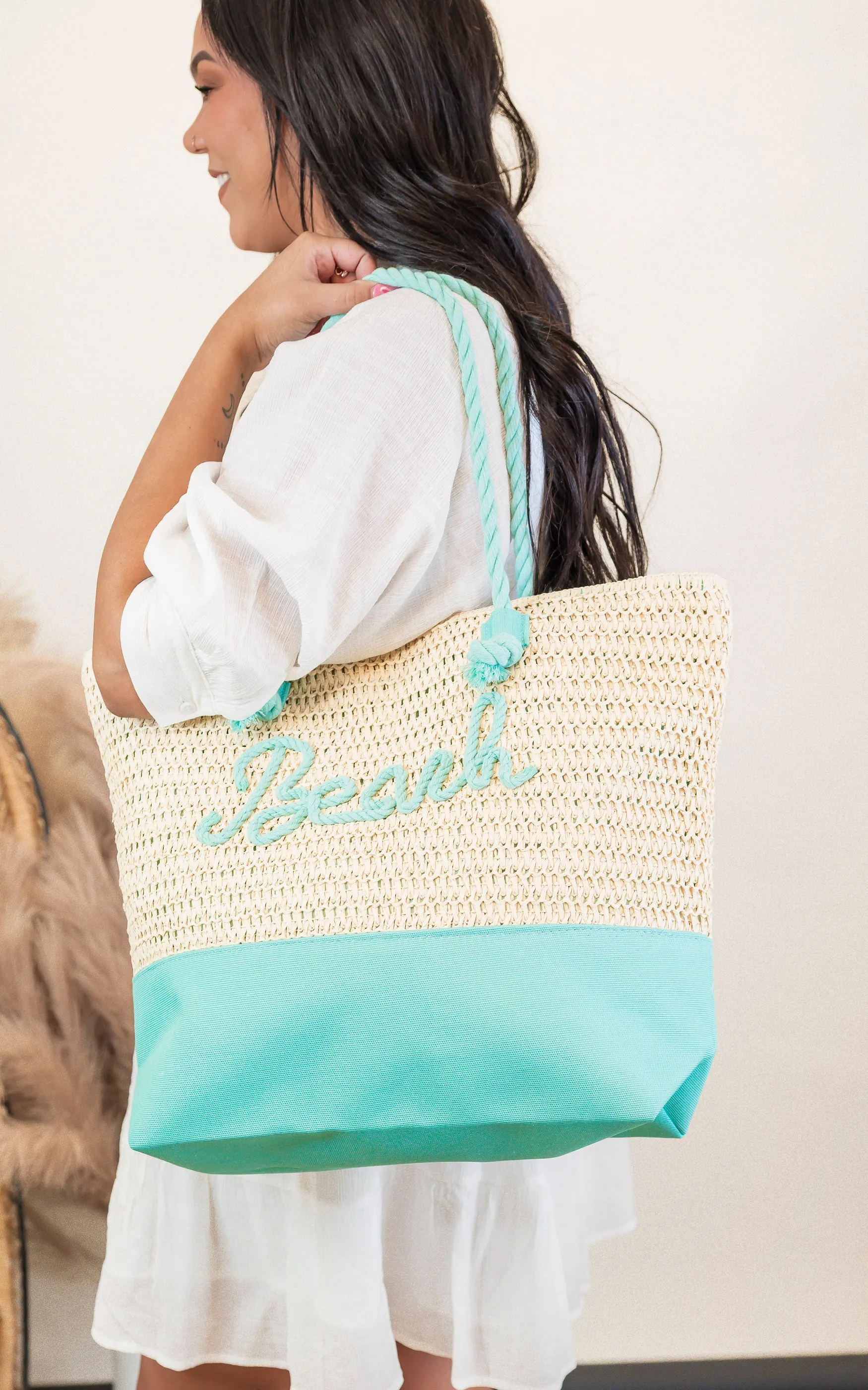 Sewn Rope "BEACH" Color Straw Tote Bag
