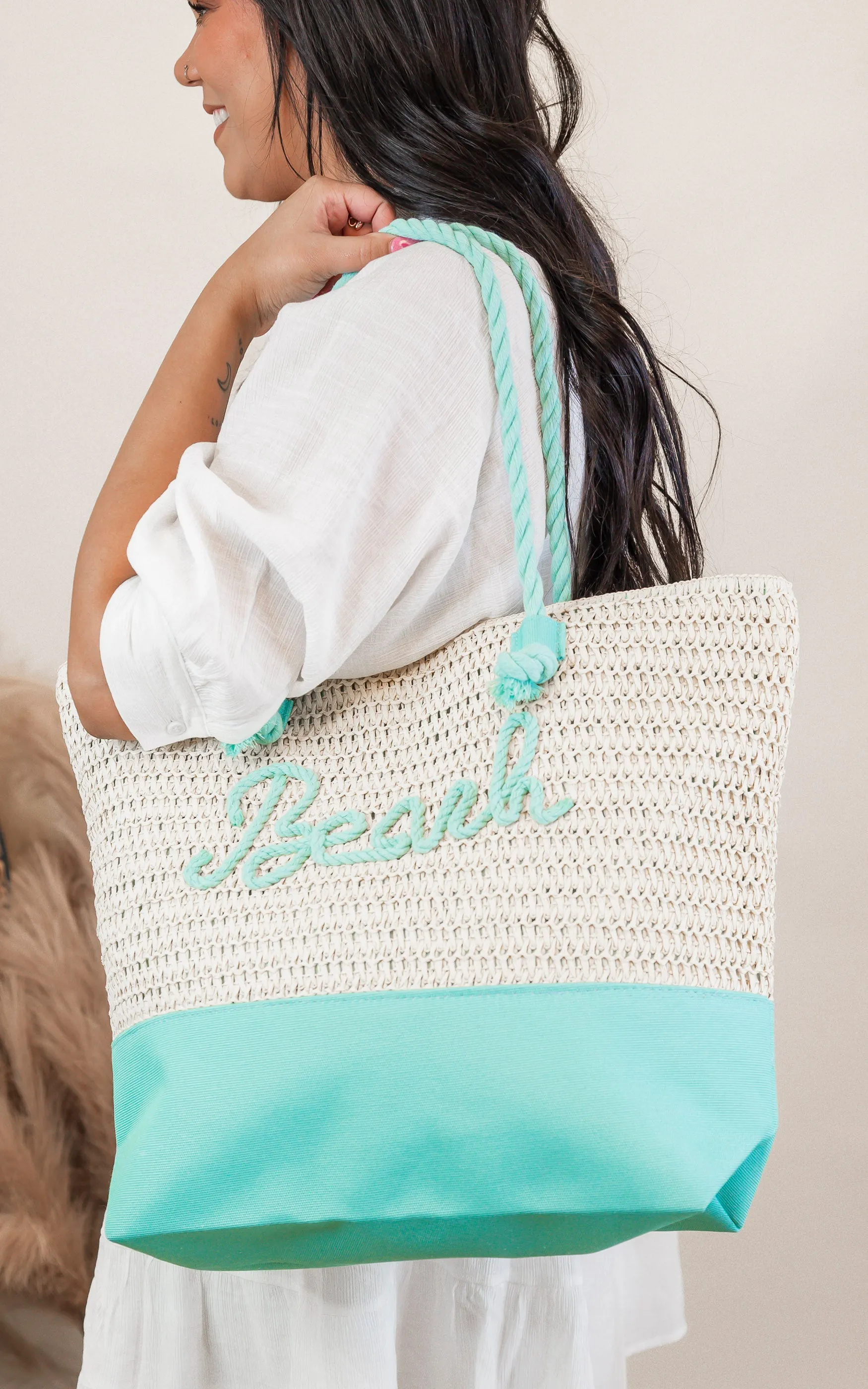 Sewn Rope "BEACH" Color Straw Tote Bag