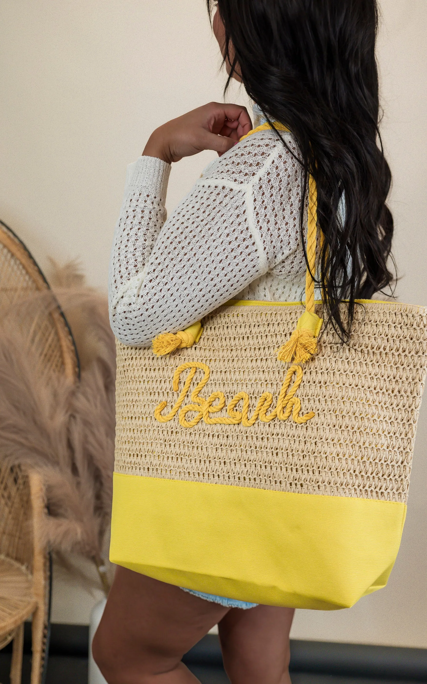 Sewn Rope "BEACH" Color Straw Tote Bag