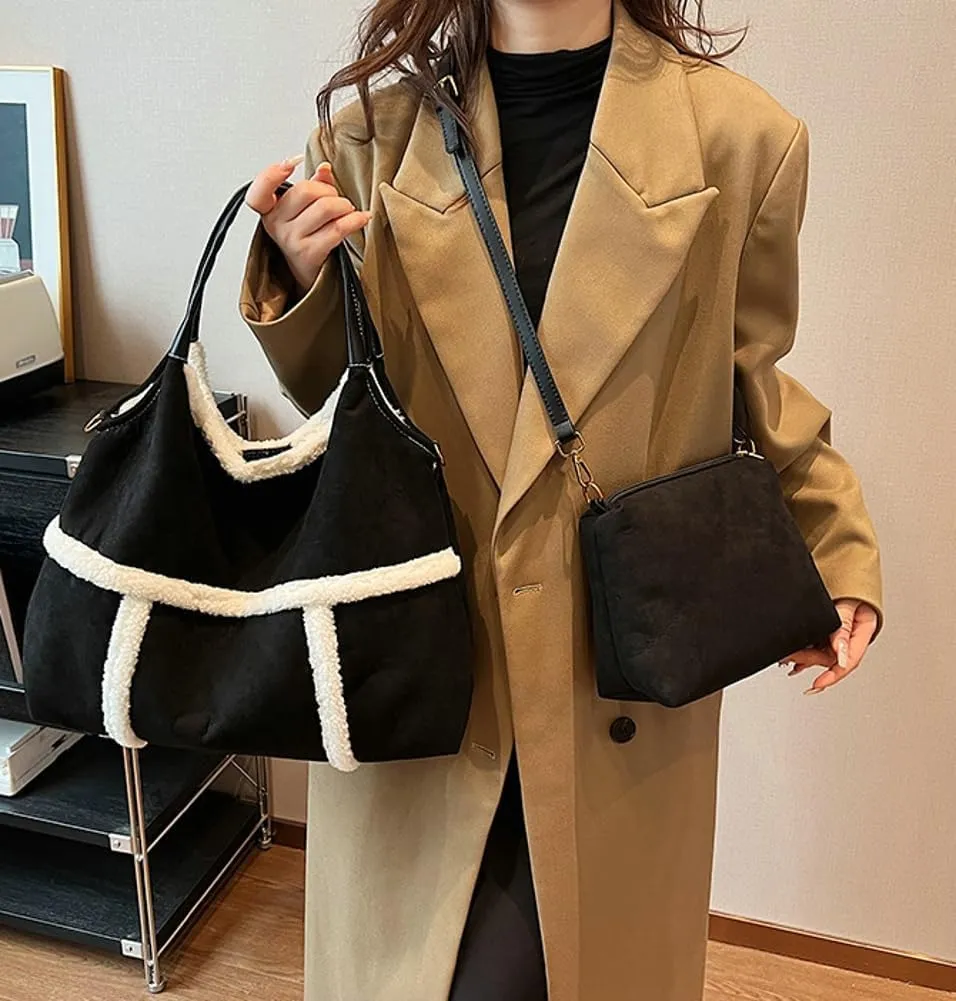 Sherpa Tote Bag for Women Suede Crossbody Fur Bag Shoulder Purse Top Handle Handbag with Faux Fur Purses for Women
