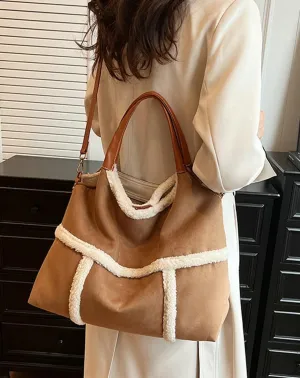Sherpa Tote Bag for Women Suede Crossbody Fur Bag Shoulder Purse Top Handle Handbag with Faux Fur Purses for Women
