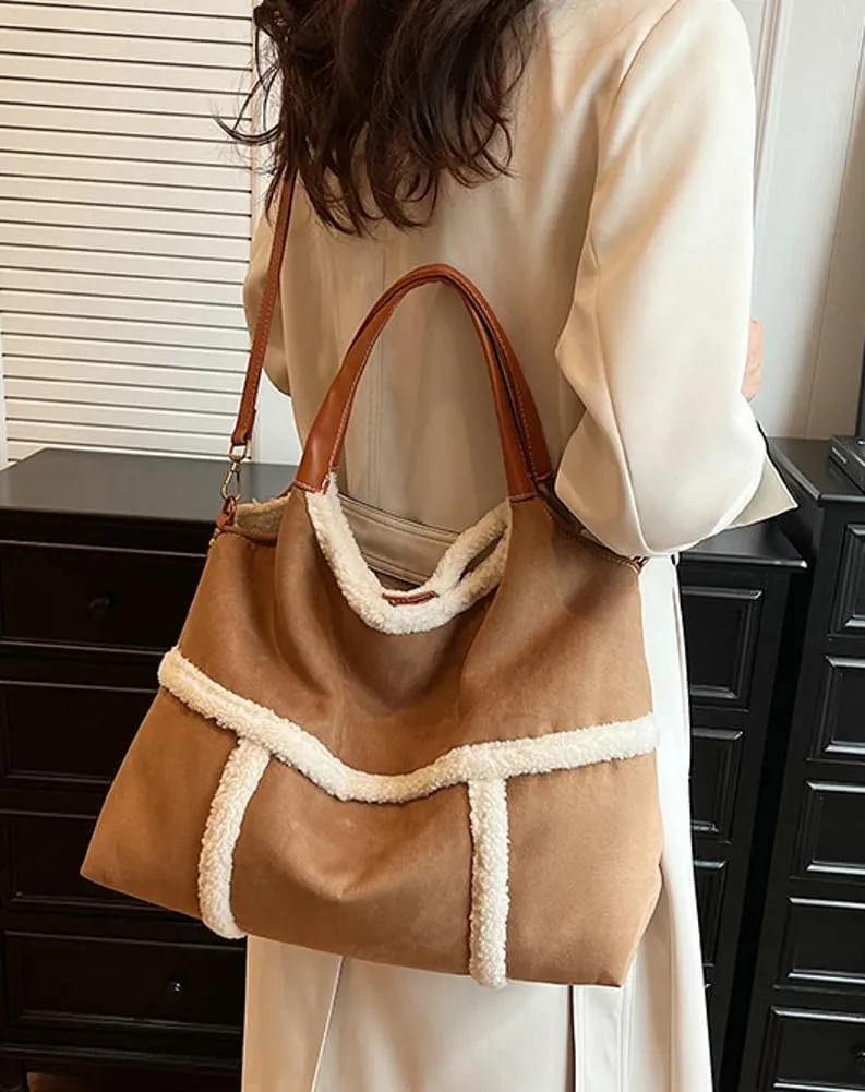 Sherpa Tote Bag for Women Suede Crossbody Fur Bag Shoulder Purse Top Handle Handbag with Faux Fur Purses for Women
