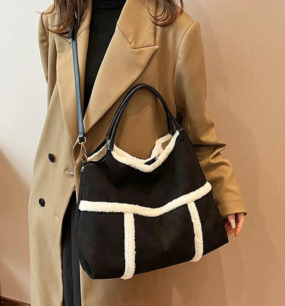 Sherpa Tote Bag for Women Suede Crossbody Fur Bag Shoulder Purse Top Handle Handbag with Faux Fur Purses for Women