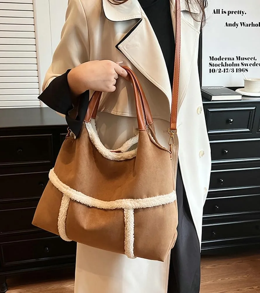 Sherpa Tote Bag for Women Suede Crossbody Fur Bag Shoulder Purse Top Handle Handbag with Faux Fur Purses for Women