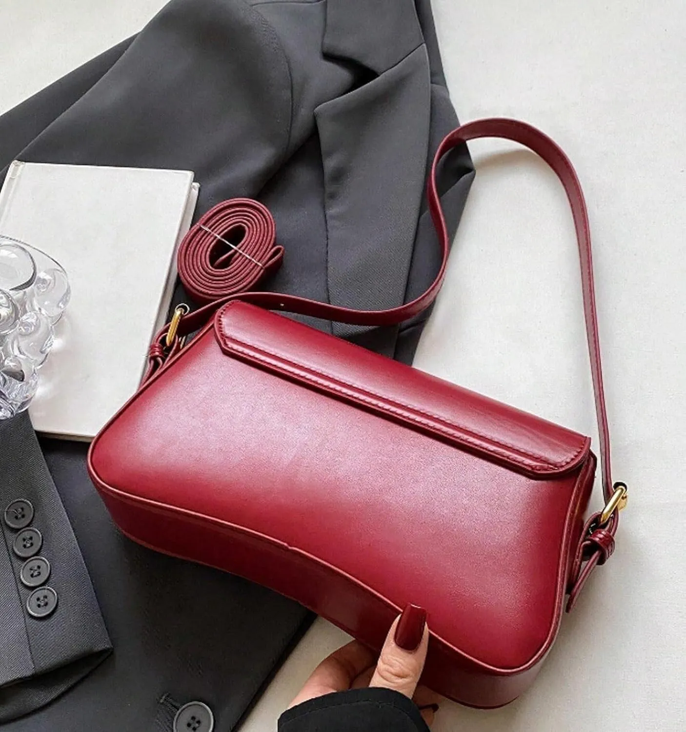 Shoulder Bag for Women Y2K Trendy Purse Vegan Leather Hobo Handbags Clutch Saddle Bag with 2 Removable Strap