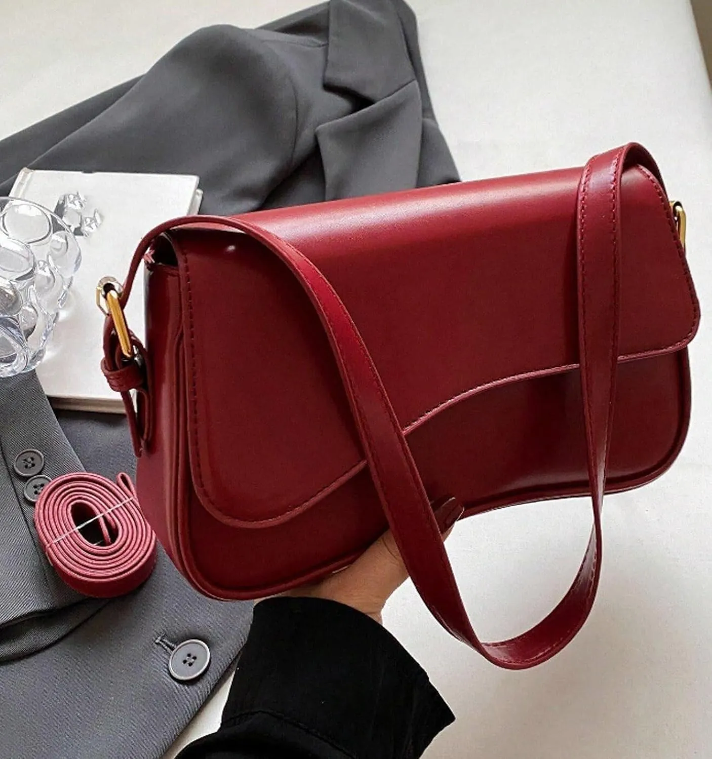 Shoulder Bag for Women Y2K Trendy Purse Vegan Leather Hobo Handbags Clutch Saddle Bag with 2 Removable Strap