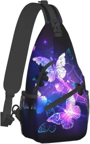 Sling Bag, Purple Butterfly Crossbody Sling Backpack Travel Hiking Chest Bag Daypack For Purses Shoulder Body Bag Women Men'S