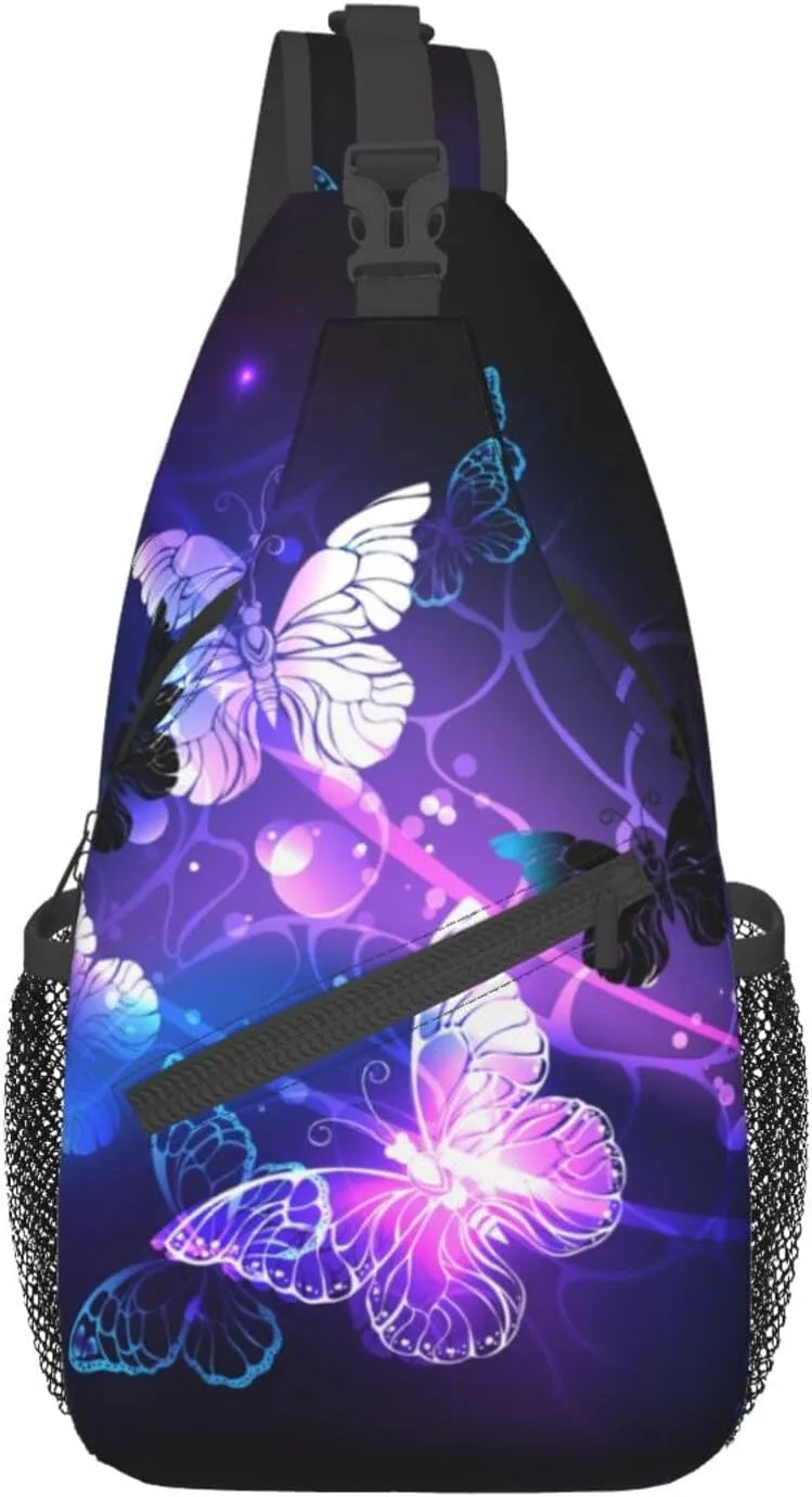 Sling Bag, Purple Butterfly Crossbody Sling Backpack Travel Hiking Chest Bag Daypack For Purses Shoulder Body Bag Women Men'S