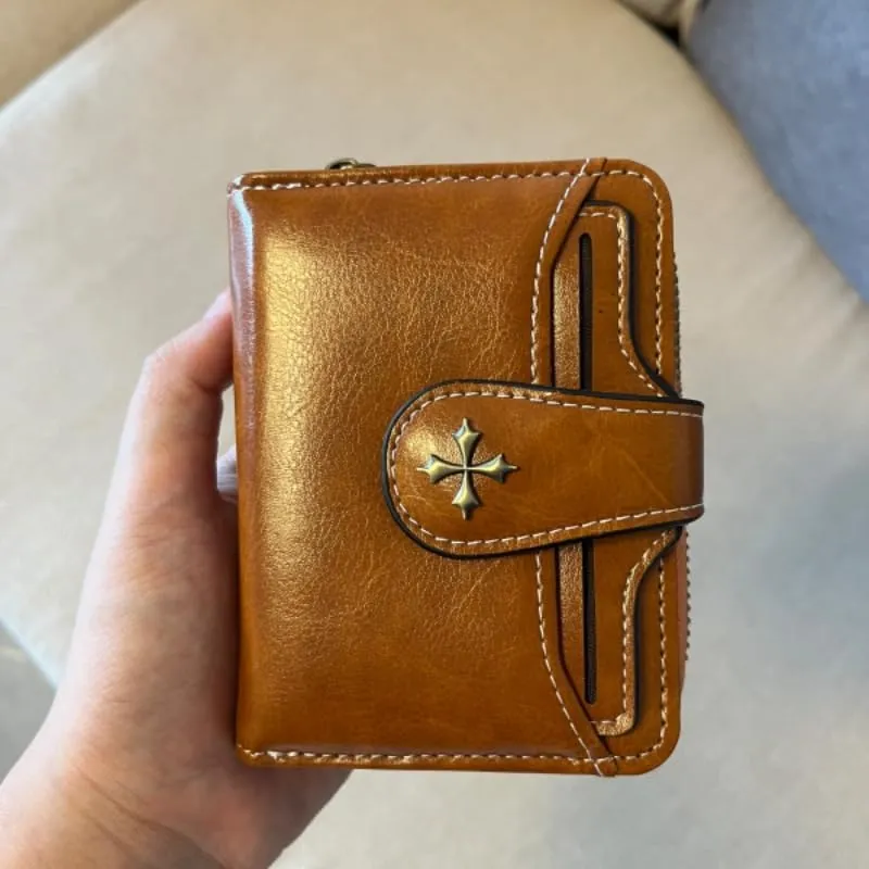 Small Wallet for Women Mini Leather Cash Wallets Zip Bifold Goth Purse Vintage Wallet Grunge Coin Pocket (Brown)