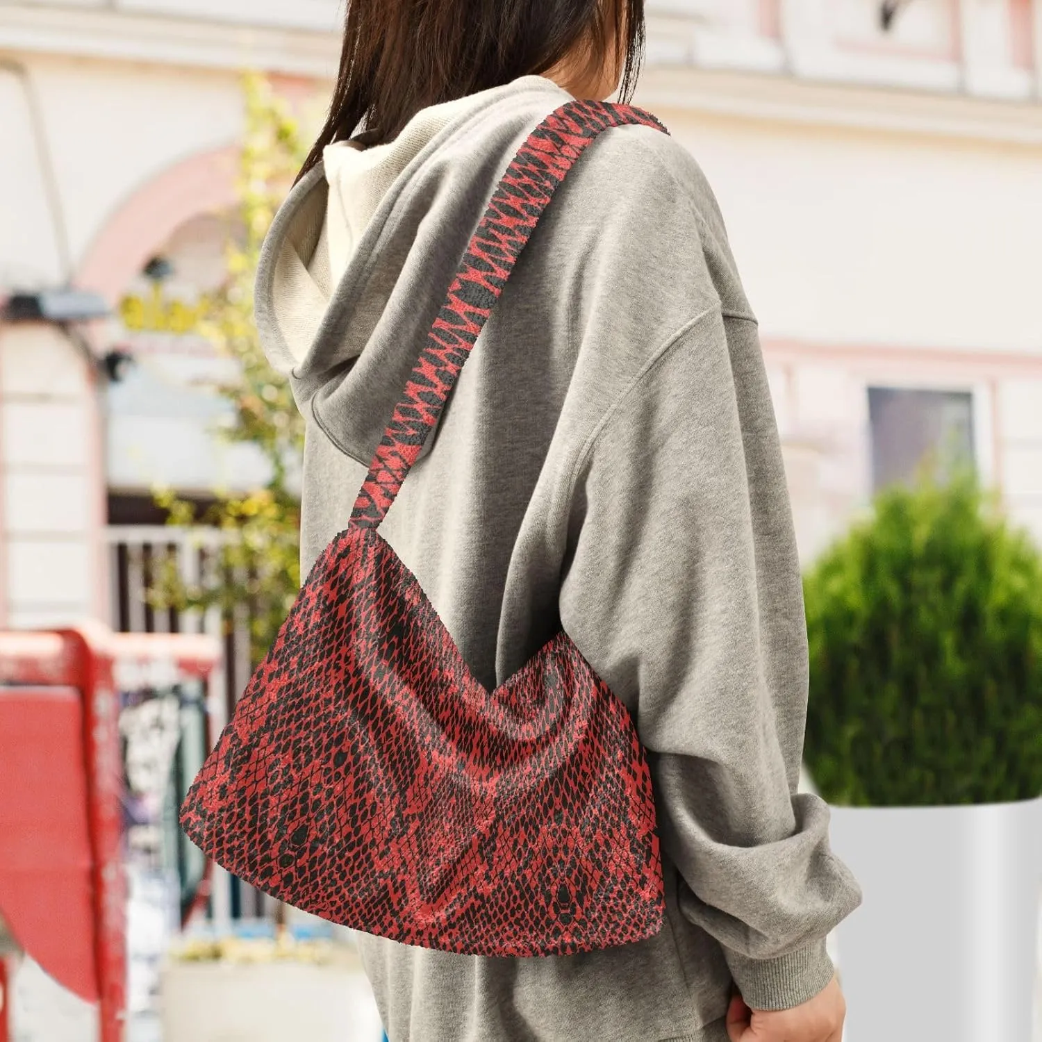 Snake Skin Gray Shoulder Tote Bags for Women Furry Crossbody bag with Zipper Hobo Handbag Purses for Teen Girls University
