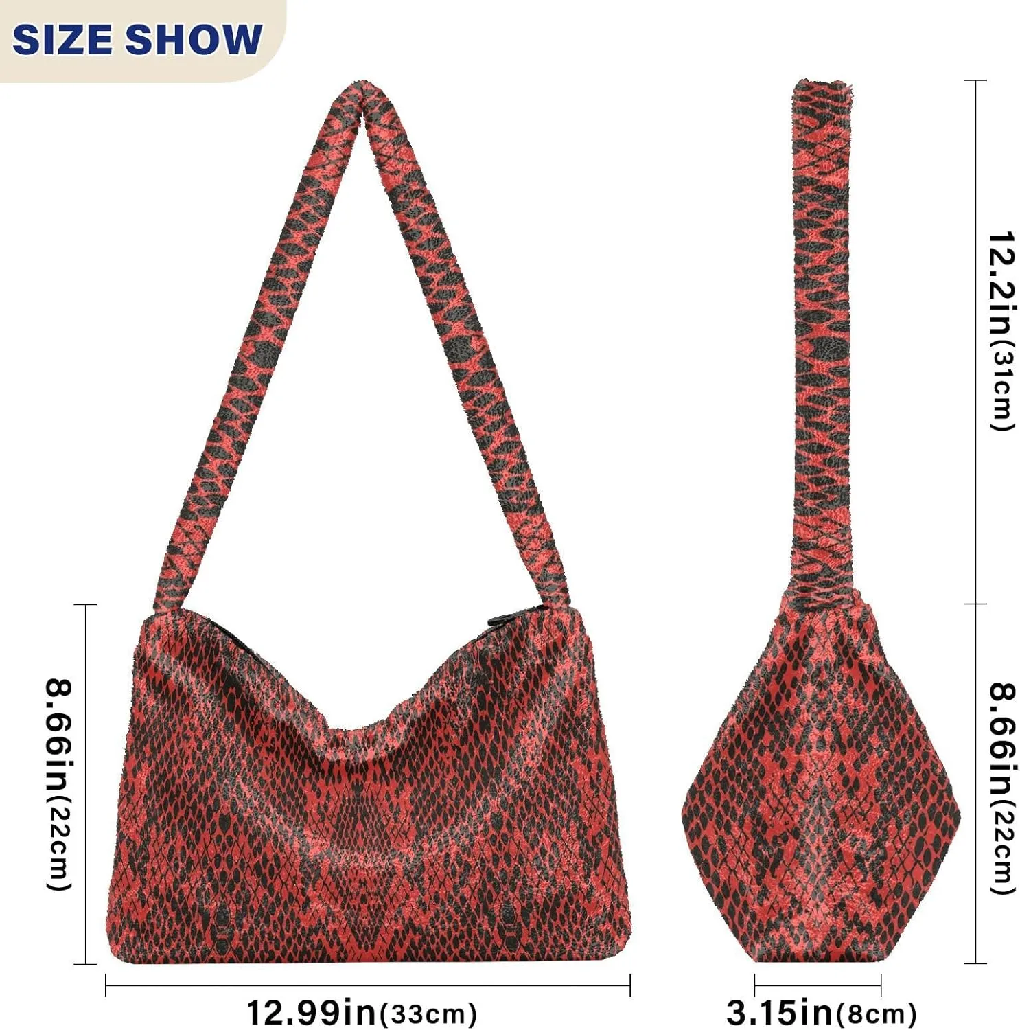 Snake Skin Gray Shoulder Tote Bags for Women Furry Crossbody bag with Zipper Hobo Handbag Purses for Teen Girls University